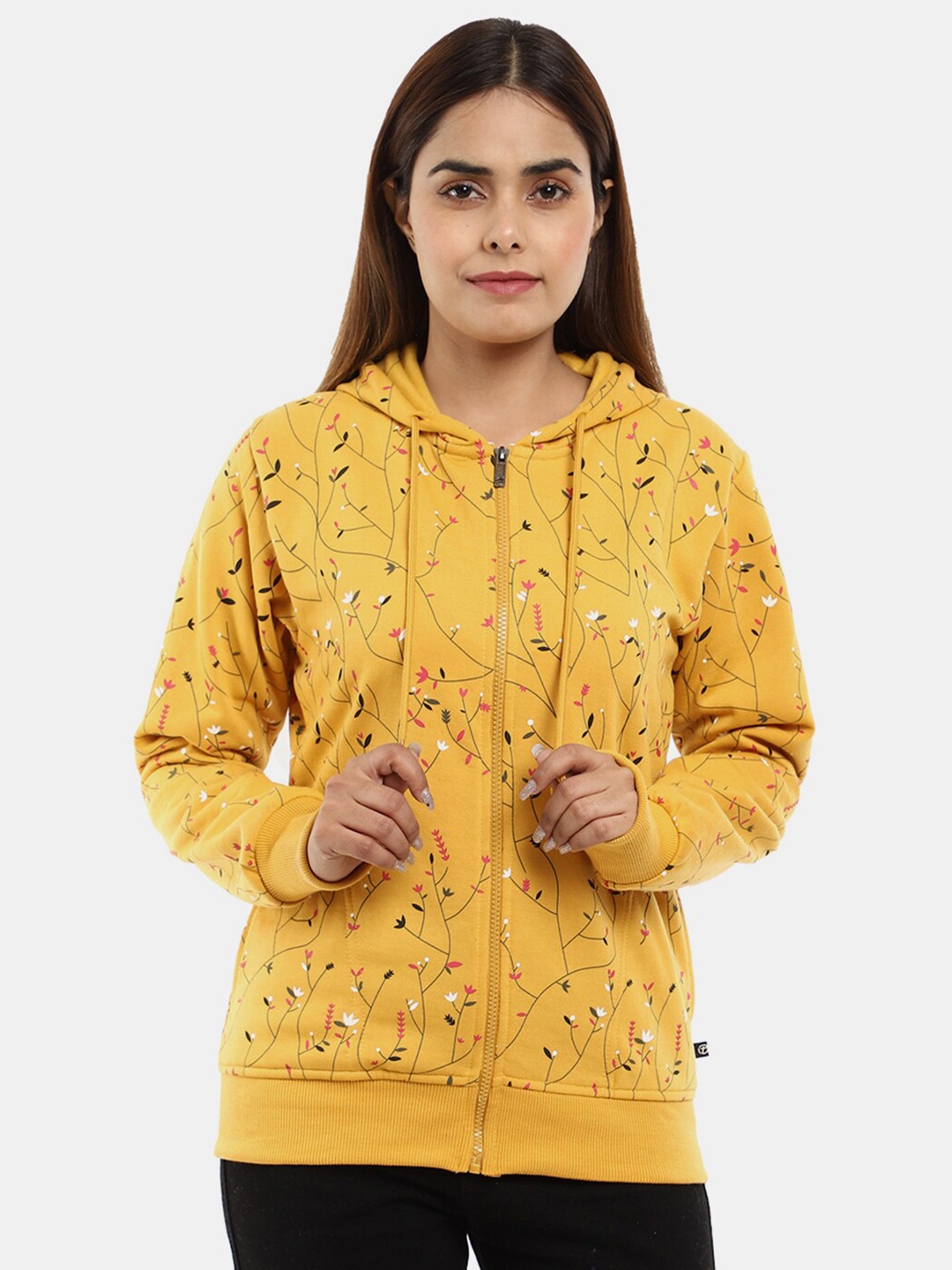 

V-Mart Women Mustard Printed Hooded Cotton Sweatshirt