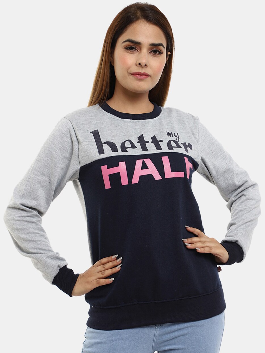 

V-Mart Women Navy Blue Colourblocked Cotton Sweatshirt