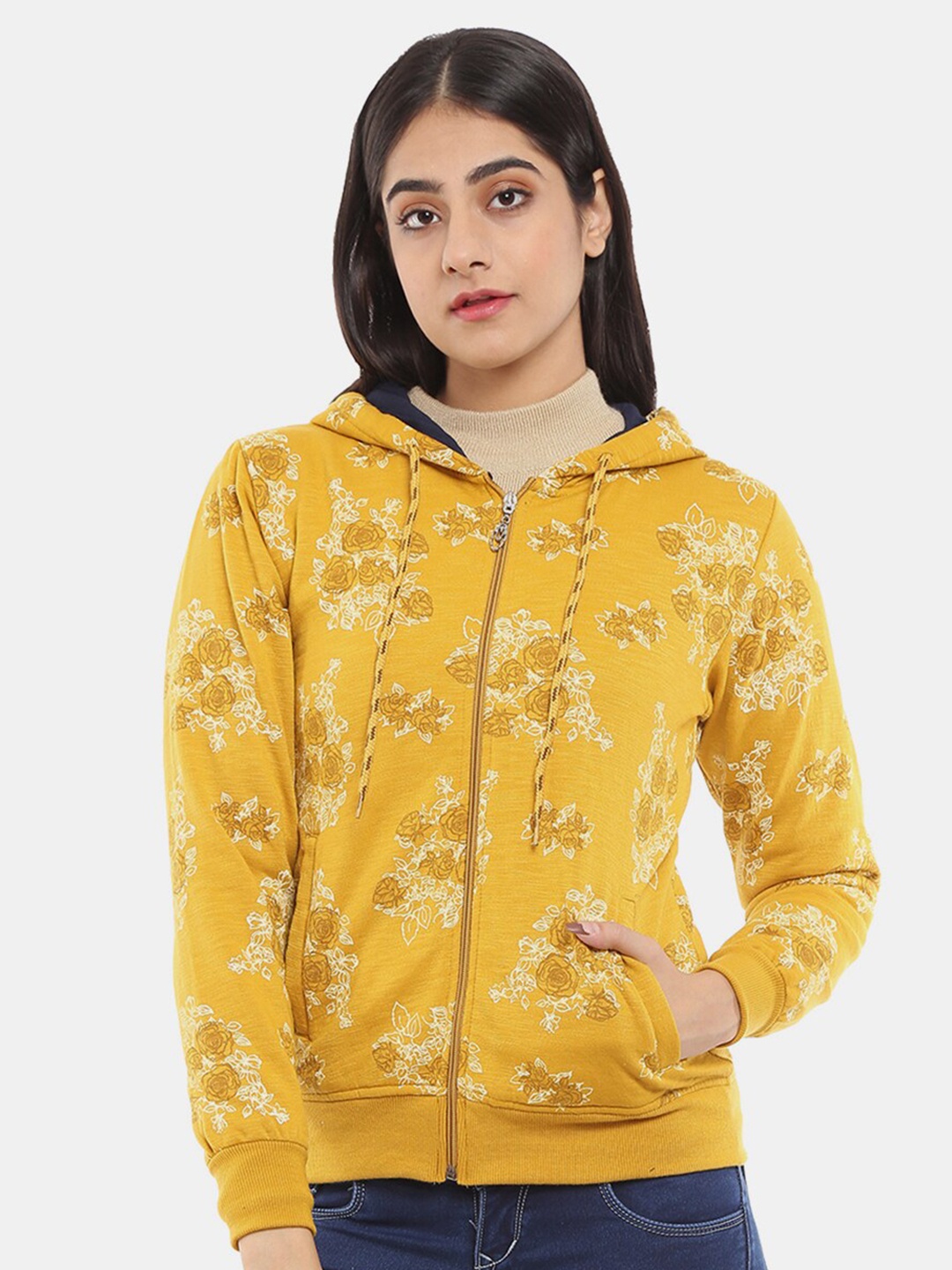 

V-Mart Women Mustard Printed Hooded Cotton Sweatshirt