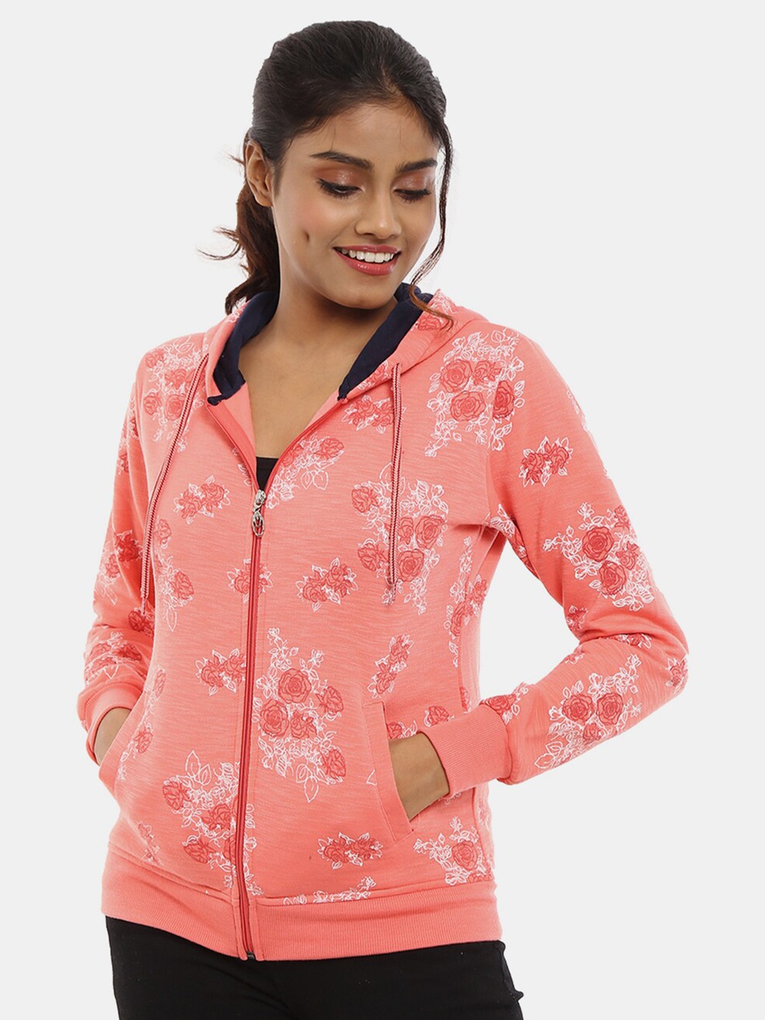 

V-Mart Women Peach-Coloured Printed Hooded Cotton Sweatshirt