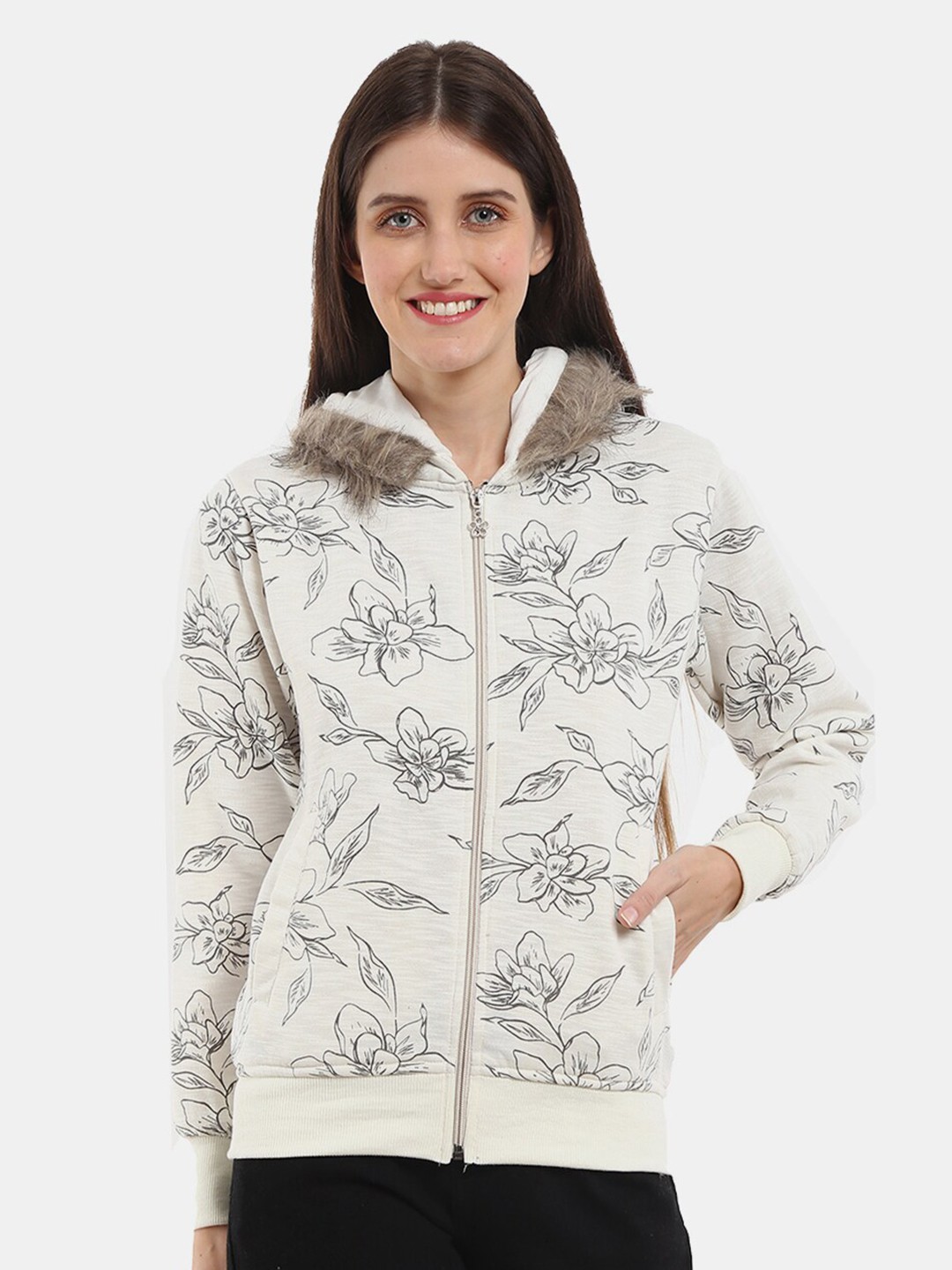 

V-Mart Women Off White Printed Hooded Cotton Sweatshirt