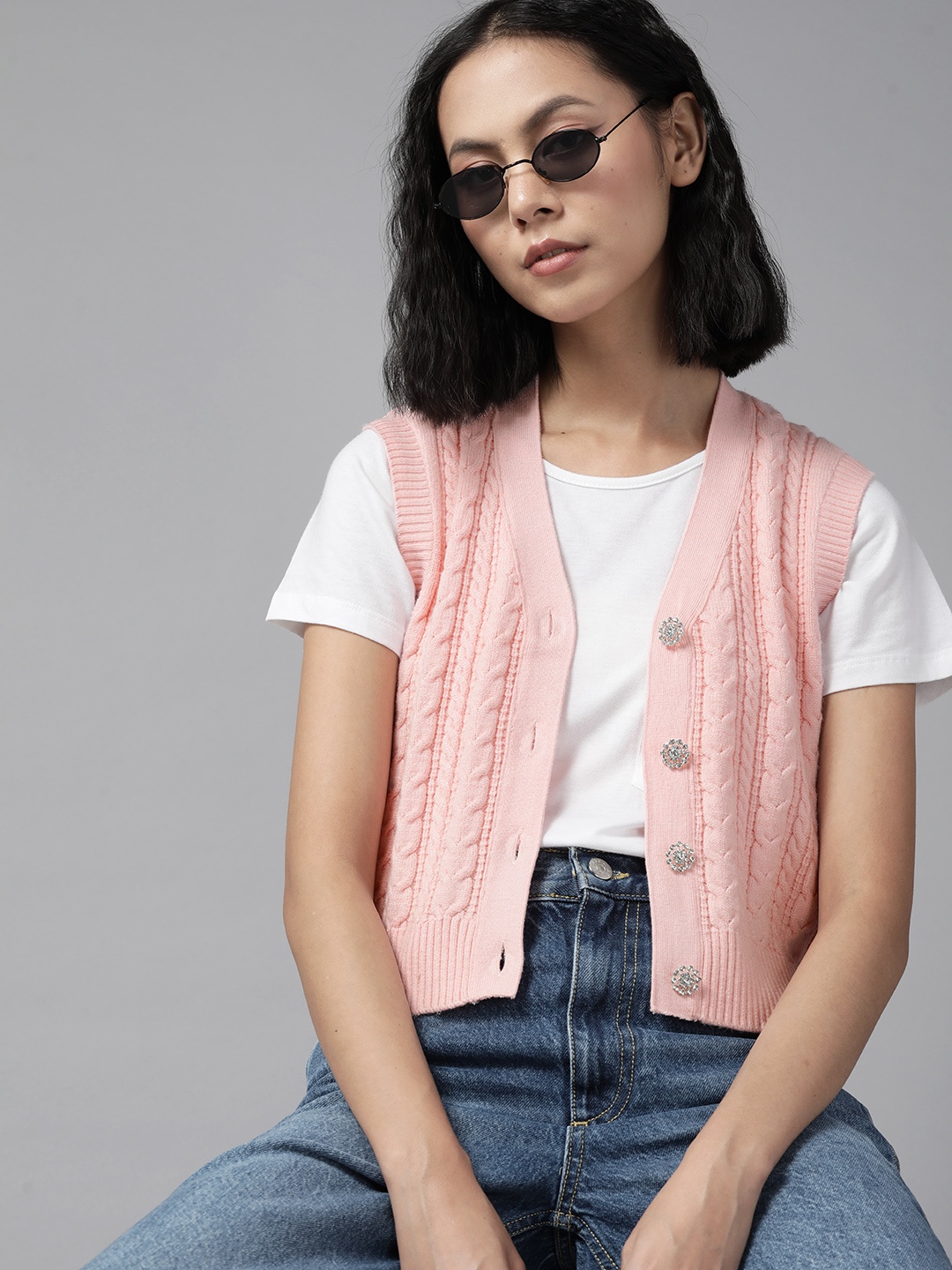

Roadster Women Pink Cable Knit Cardigan