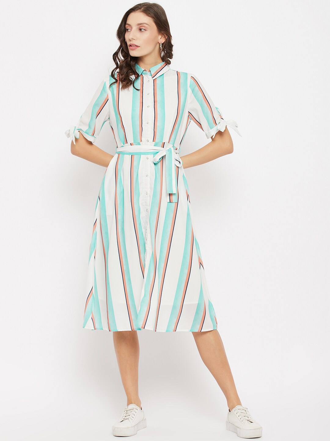 

Madame Off White & Blue Striped Shirt Midi Dress