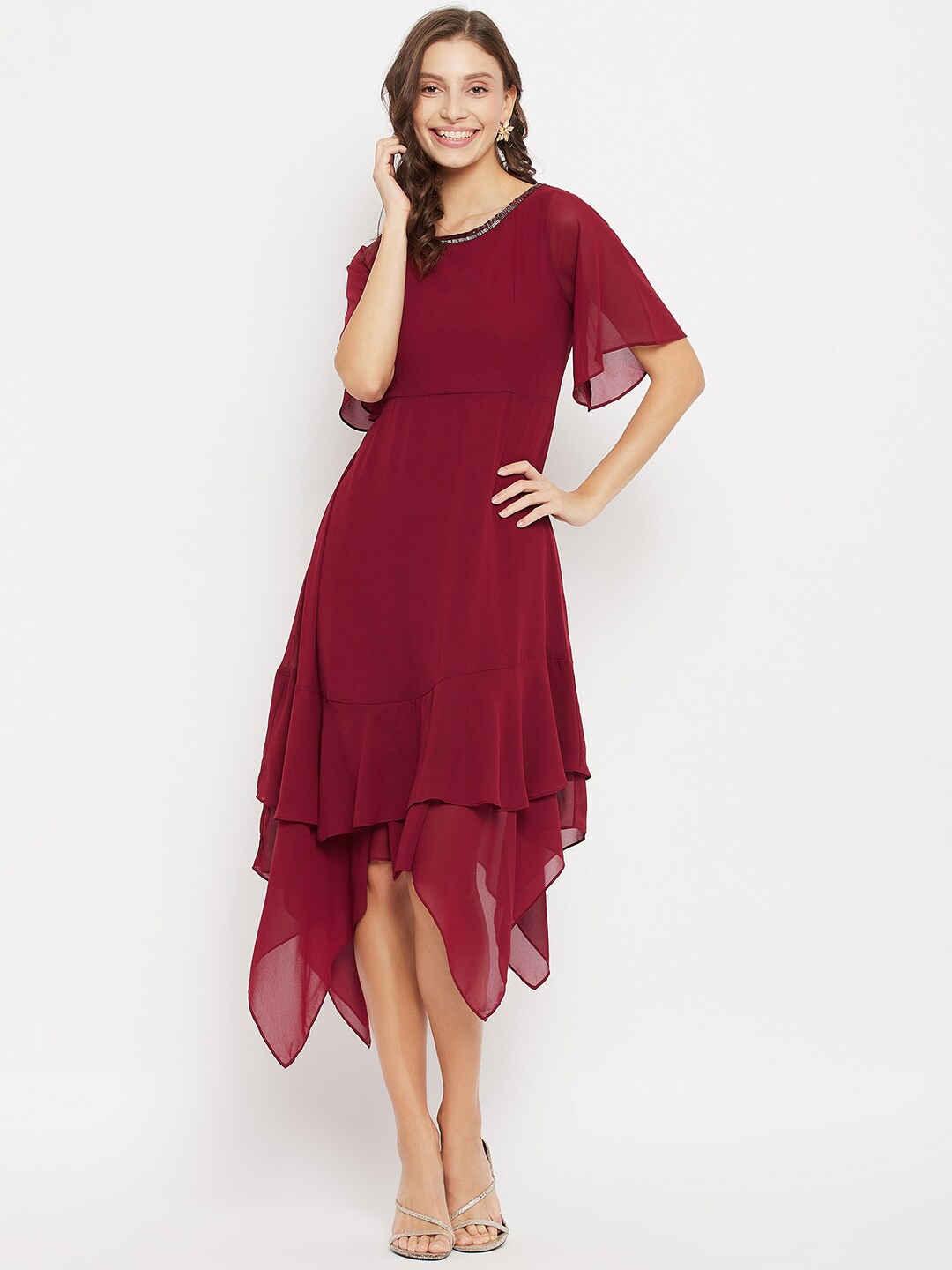 

Madame Flared Sleeves Asymmetric Round Neck Midi Dress, Maroon