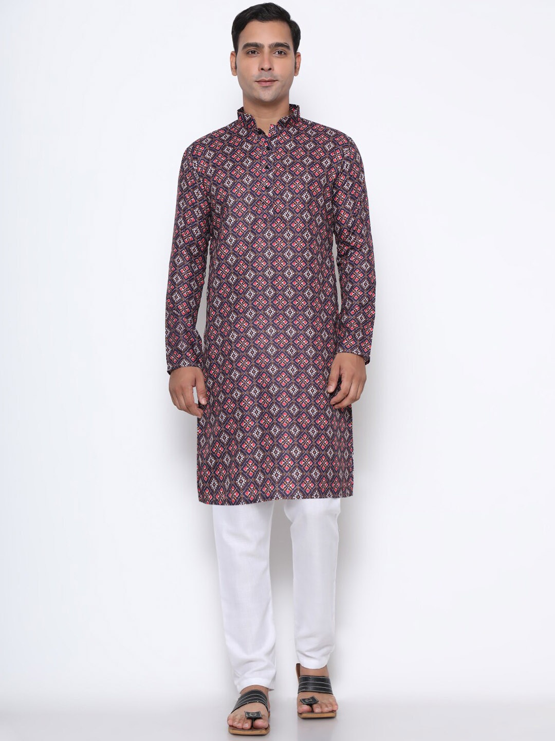 

GoStyle Mandarin Collar Ethnic Motifs Printed Pure Cotton Kurta, Blue