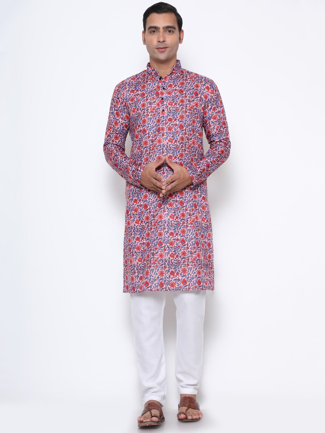 

GoStyle Men Pink Floral Printed Pure Cotton Kurta