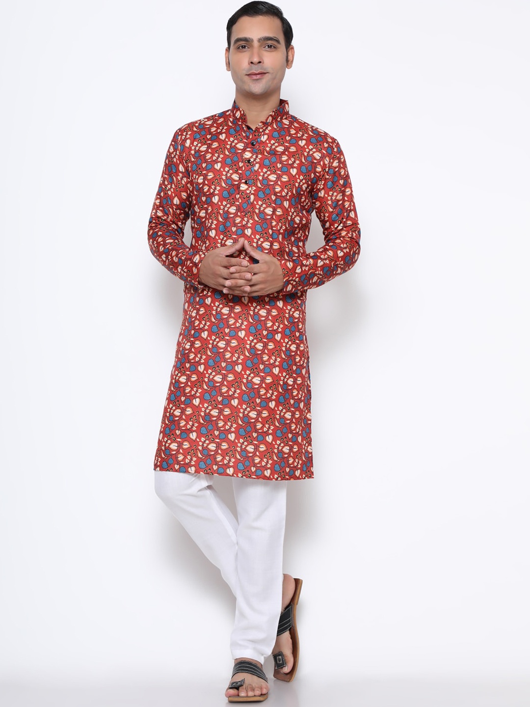

GoStyle Mandarin Collar Floral Printed Pure Cotton Kurta, Brown