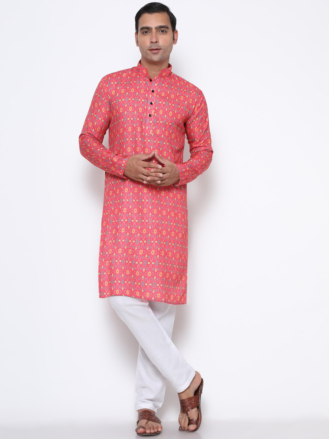 

GoStyle Mandarin Collar Ethnic Motifs Printed Pure Cotton Kurta, Pink