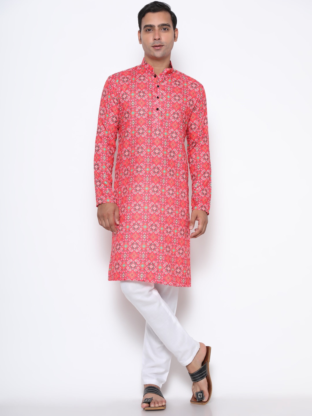 

GoStyle Mandarin Collar Ethnic Motifs Printed Pure Cotton Kurta, Pink