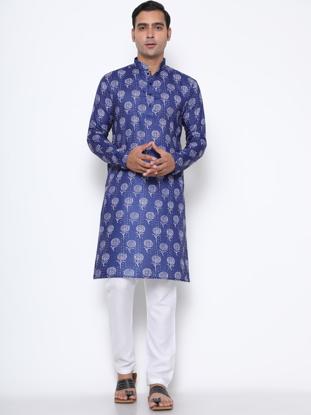 

GoStyle Mandarin Collar Floral Printed Pure Cotton Kurta, Blue