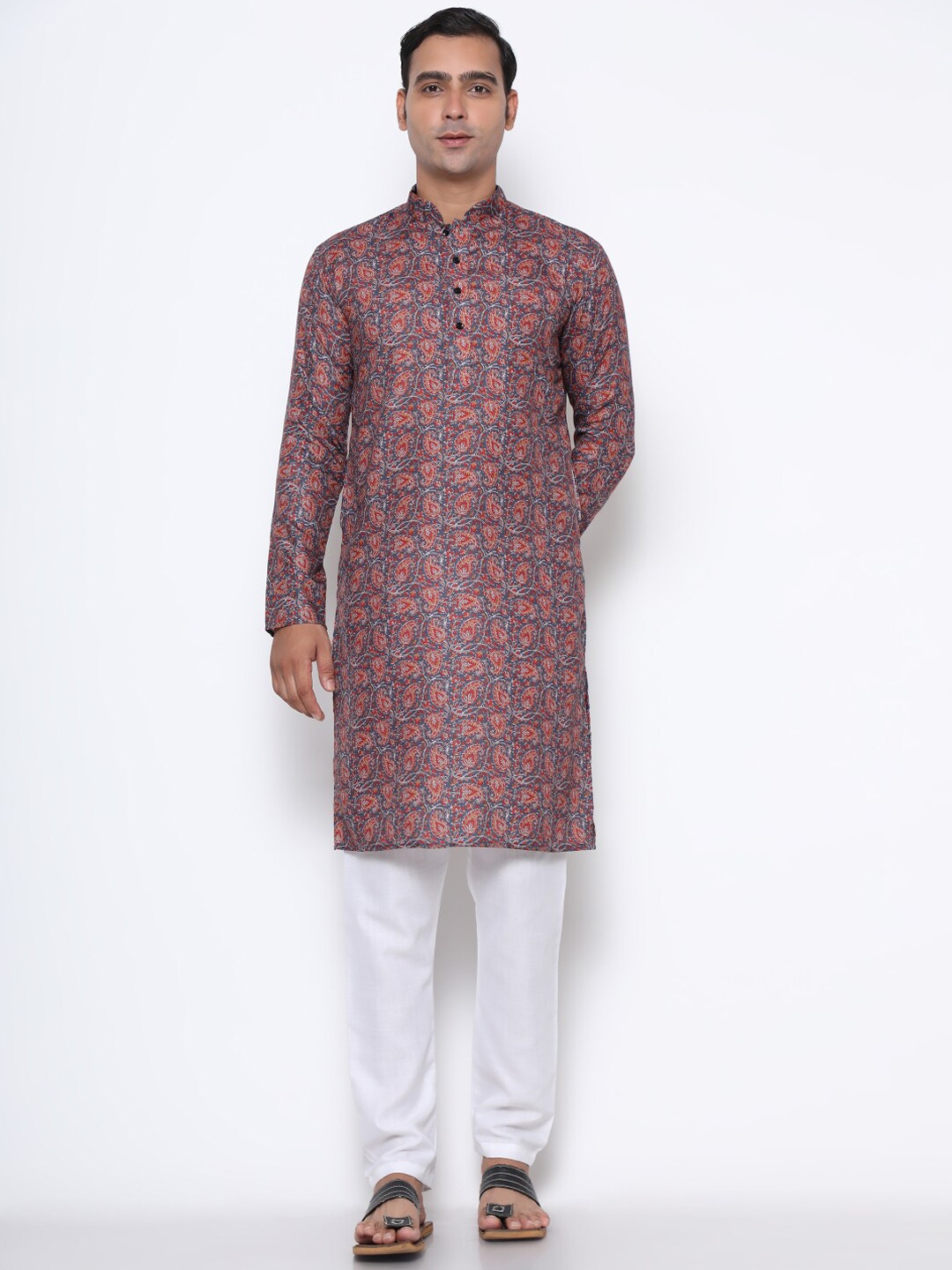 

GoStyle Mandarin Collar Paisley Printed Pure Cotton Kurta, Teal