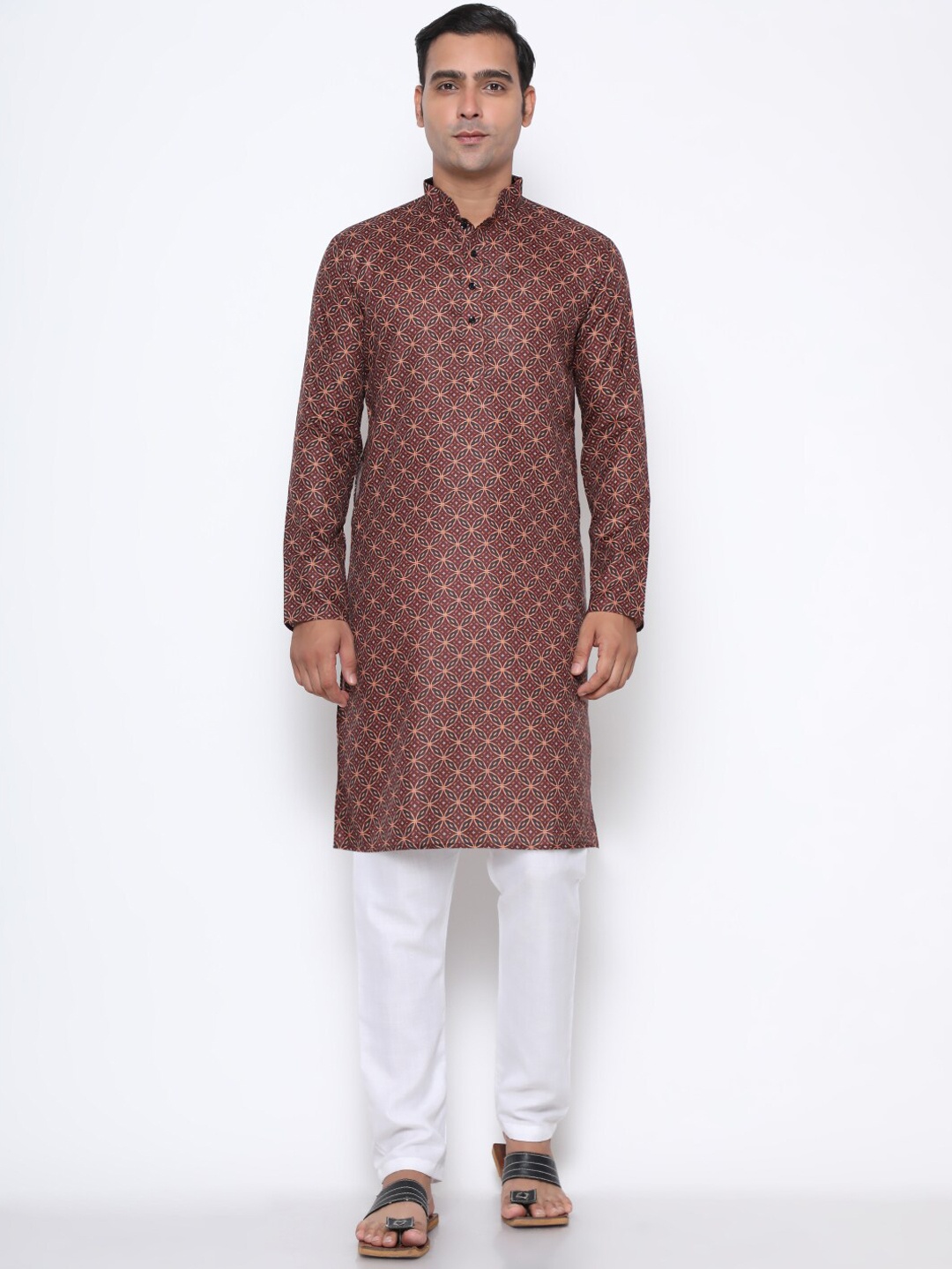 

GoStyle Mandarin Collar Checked Printed Pure Cotton Kurta, Maroon
