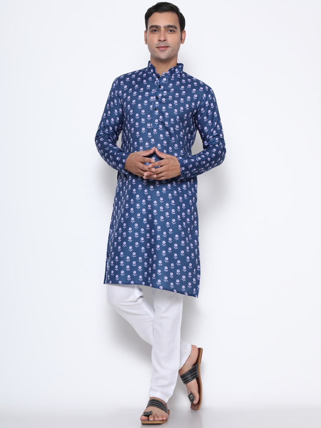 

GoStyle Long Sleeves Floral Printed Pure Cotton Kurta, Blue