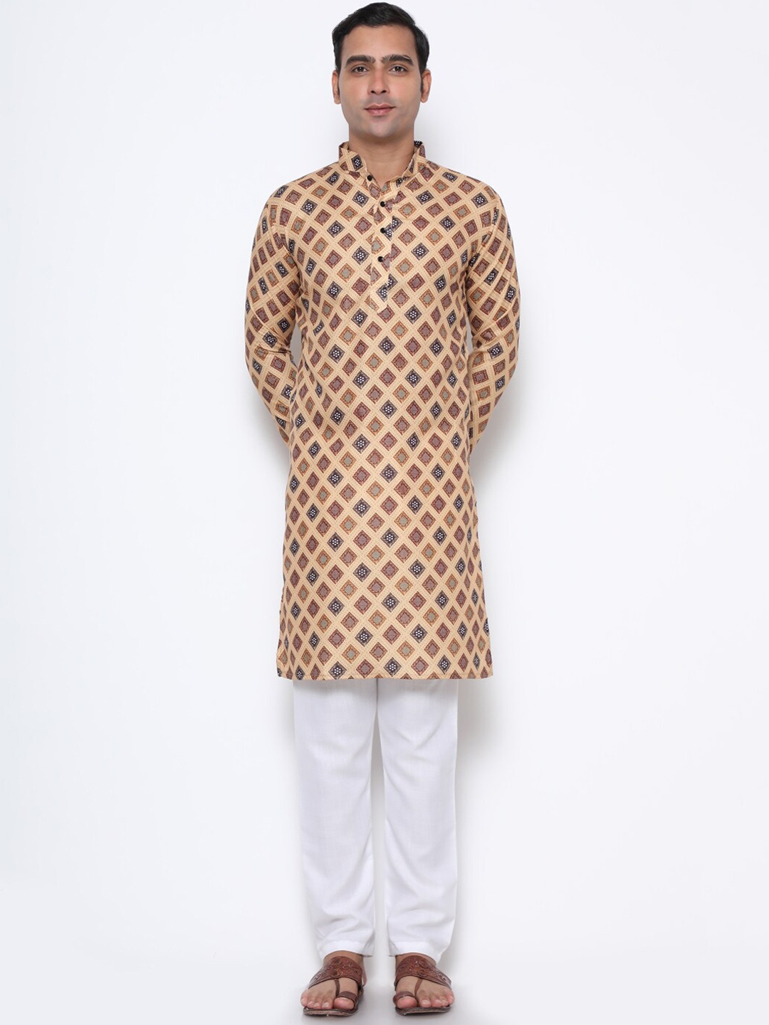 

GoStyle Geometric Printed Pure Cotton Kurta, Beige