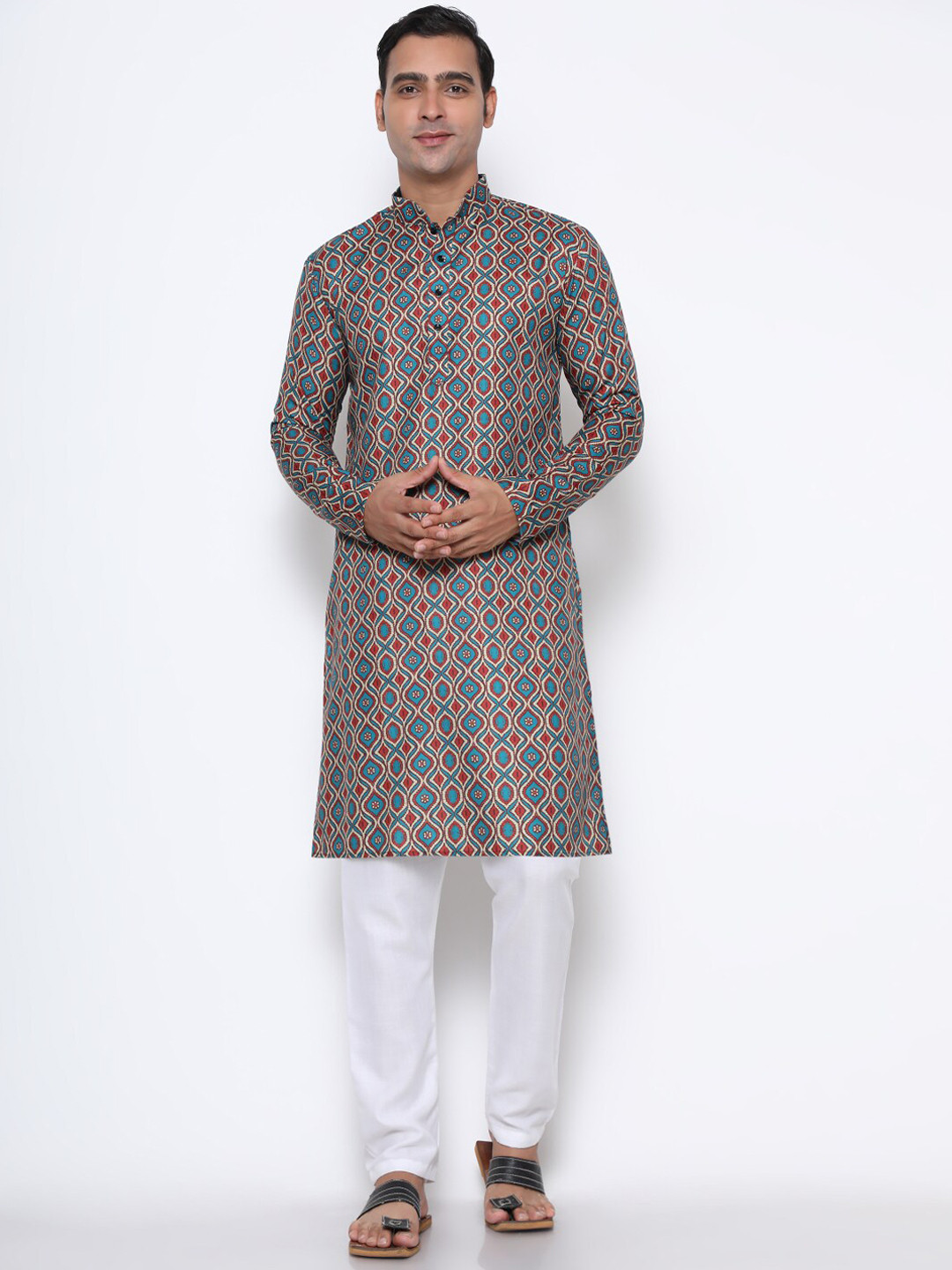 

GoStyle Mandarin Collar Ethnic Motifs Printed Pure Cotton Kurta, Teal