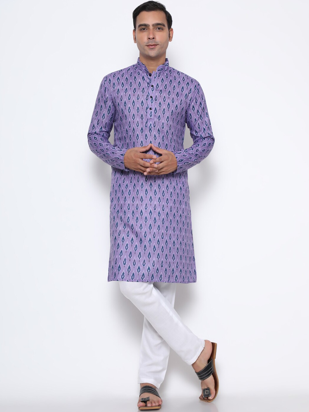 

GoStyle Mandarin Collar Geometric Printed Straight Cotton Kurta, Violet