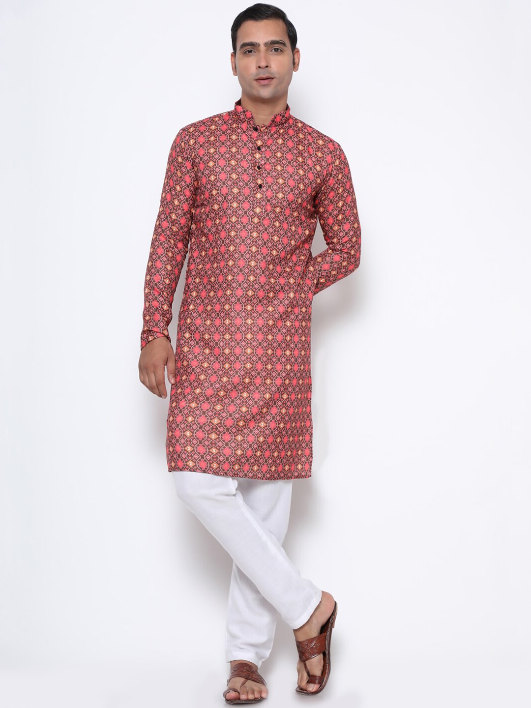 

GoStyle Ethnic Motif Printed Mandarin Collar A-Line Regular Fit Cotton Kurta, Brown