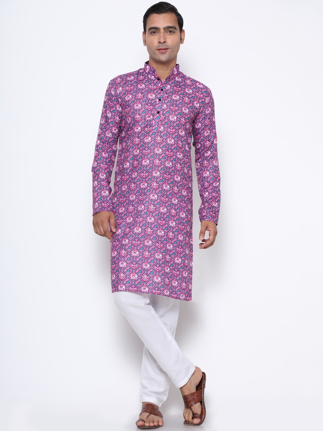 

GoStyle Mandarin Collar Geometric Printed Straight Cotton Kurta, Purple