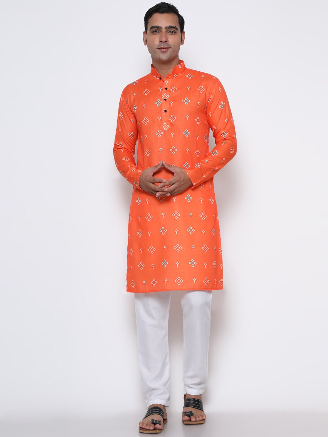 

GoStyle Mandarin Collar Geometric Printed Cotton Kurta, Orange