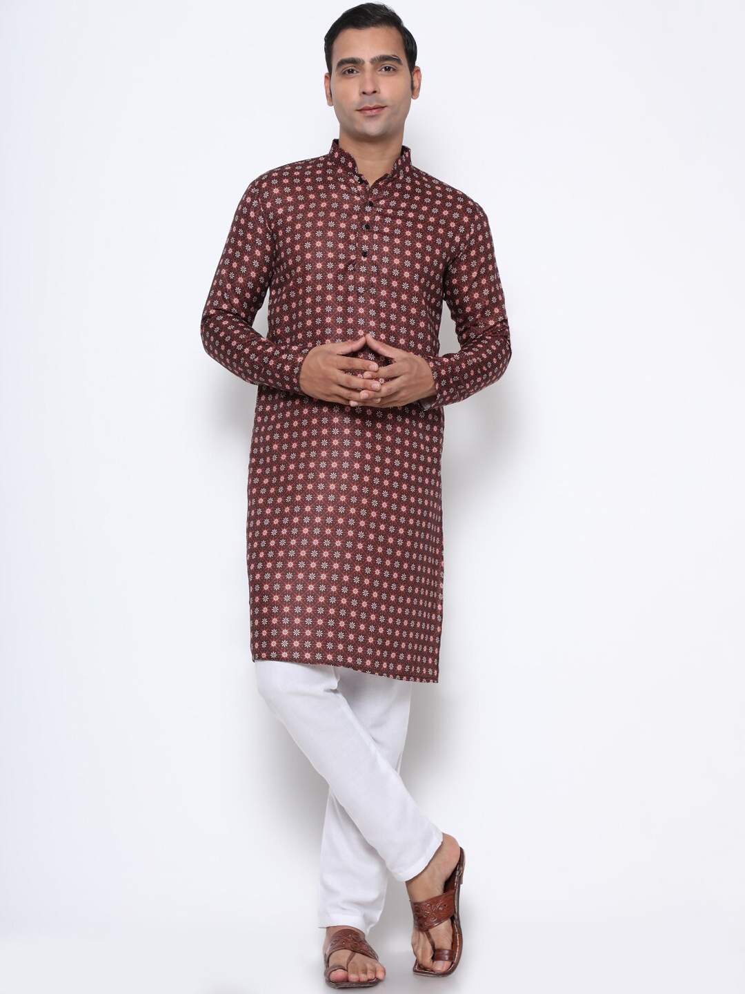 

GoStyle Mandarin Collar Geometric Printed Cotton Kurta, Brown