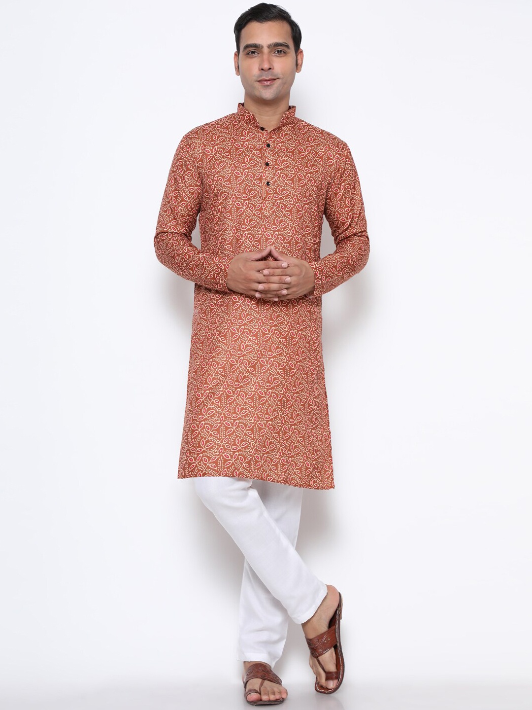 

GoStyle Mandarin Collar Floral Printed Pure Cotton Kurta, Brown