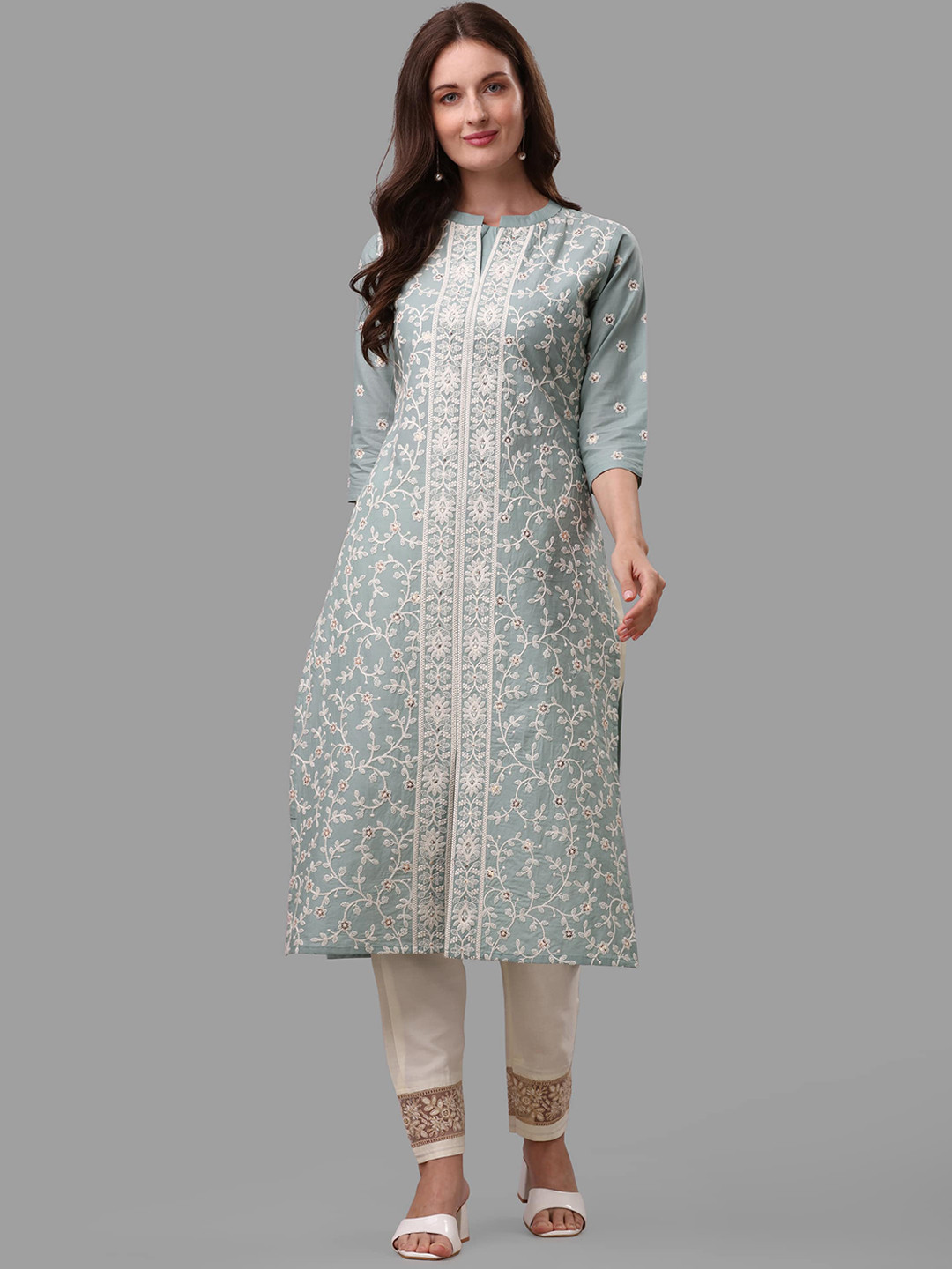 

Berrylicious Floral Embroidered Chikankari Pure Cotton Kurta with Trousers, Grey