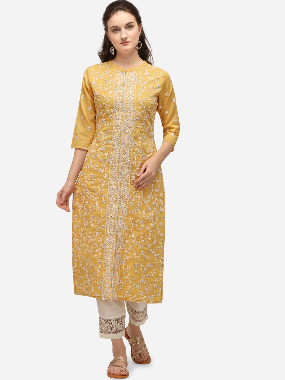 

Berrylicious Women Yellow Embroidered Chikankari Pure Cotton Kurta with Trousers