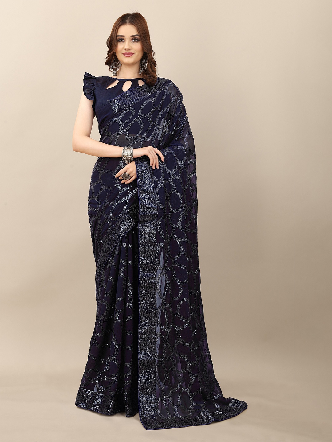 

SERONA FABRICS Blue Embellished Sequinned Pure Georgette Saree
