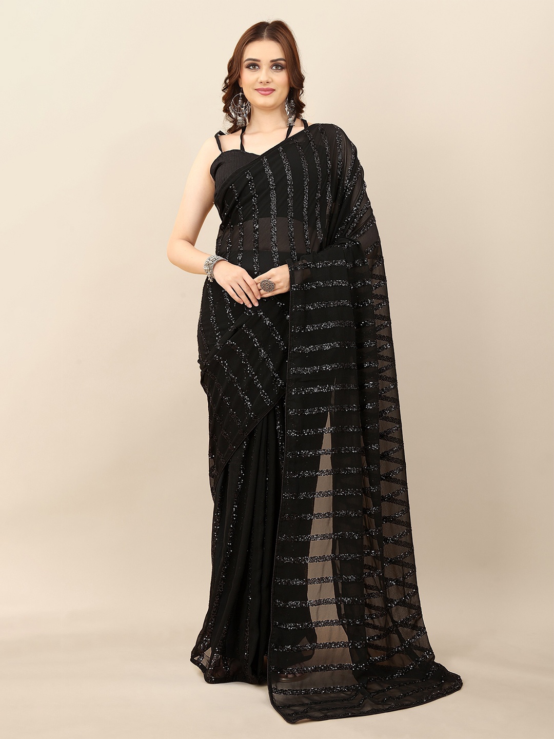 

SERONA FABRICS Black Embellished Sequinned Pure Georgette Saree