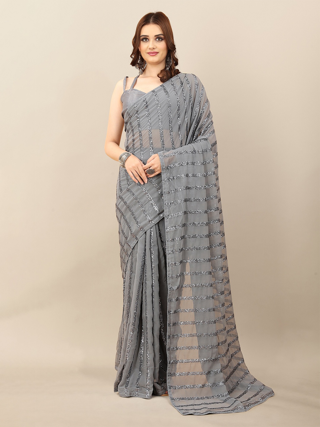 

SERONA FABRICS Grey Embellished Sequinned Pure Georgette Saree