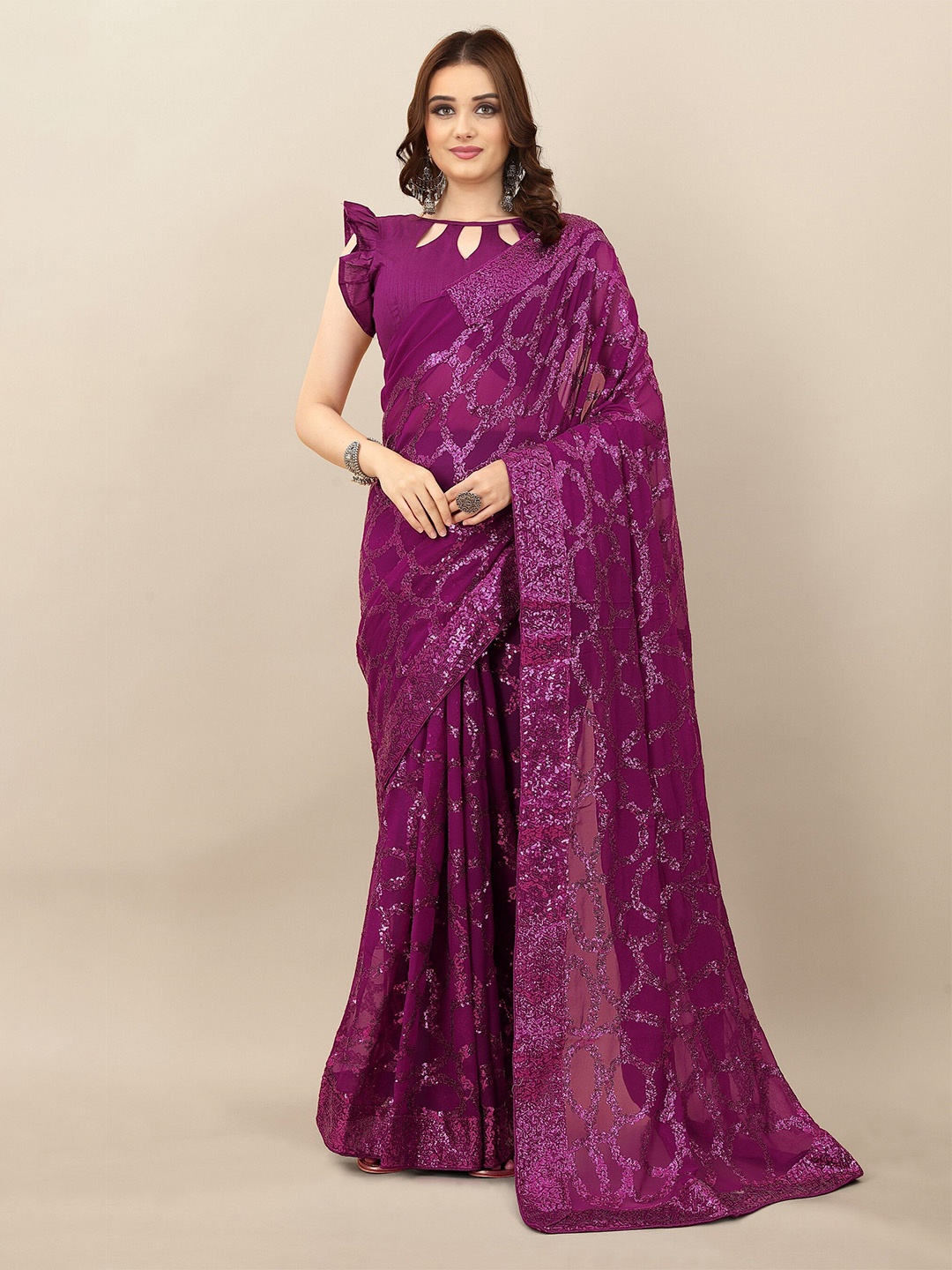 

SERONA FABRICS Pink Embellished Sequinned Pure Georgette Saree