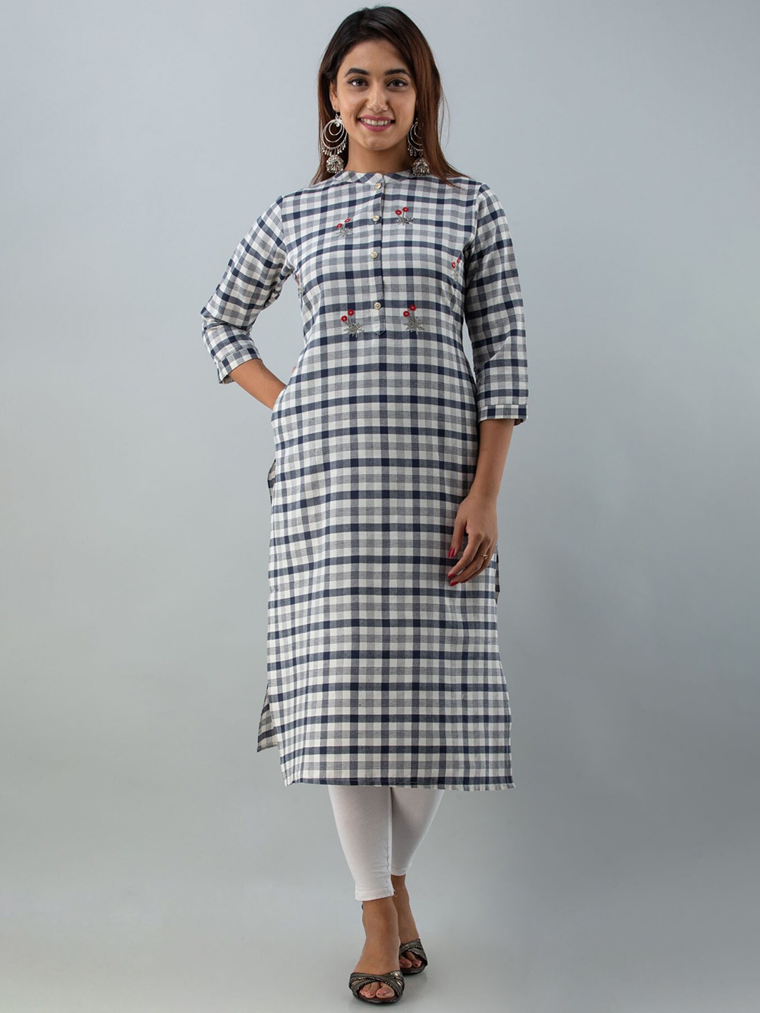 

FASHION DWAR Women Navy Blue & White Printed Thread Work Pure Cotton Kurta