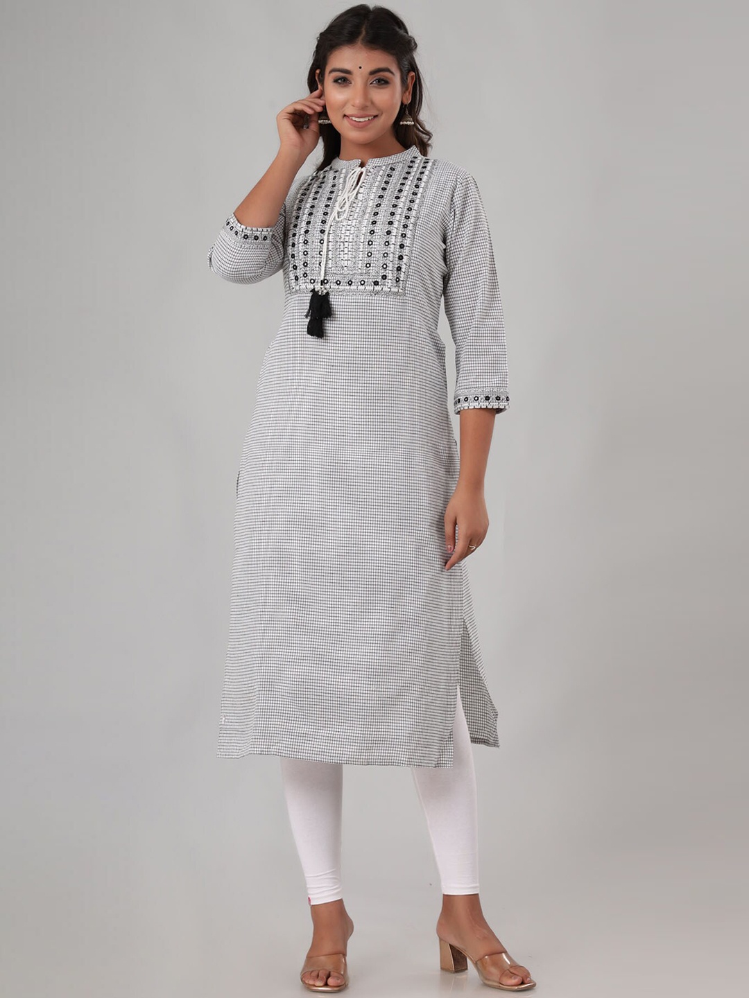 

FASHION DWAR Women White Printed Mirror Work Pure Cotton Kurta