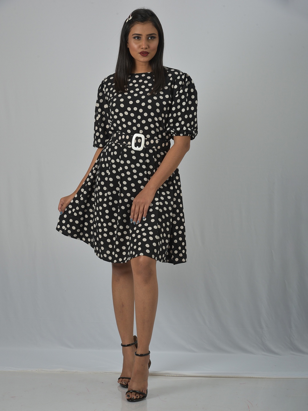 

OWO THE LABEL Black Polka Dots Print Cotton A-Line Dress