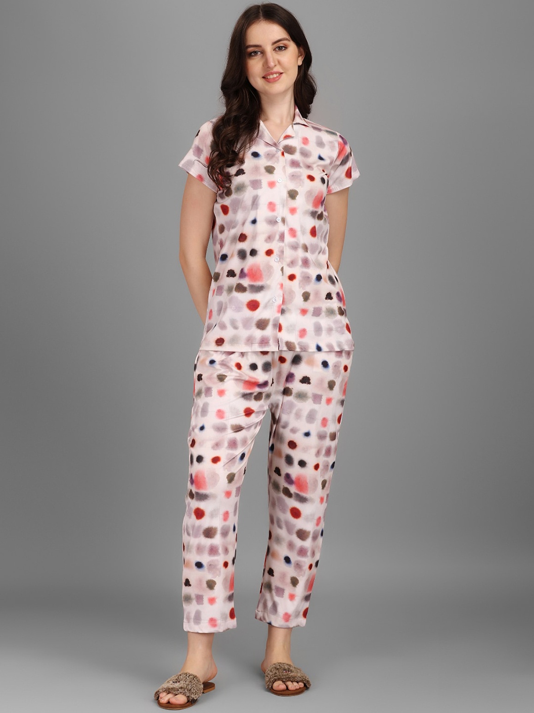 

Kinjo Women Pink & Grey Printed Night suit