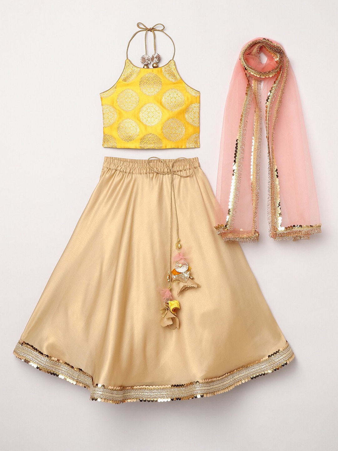 

BYB PREMIUM Girls Gold-Toned & Beige Ready to Wear Lehenga & Blouse With Dupatta