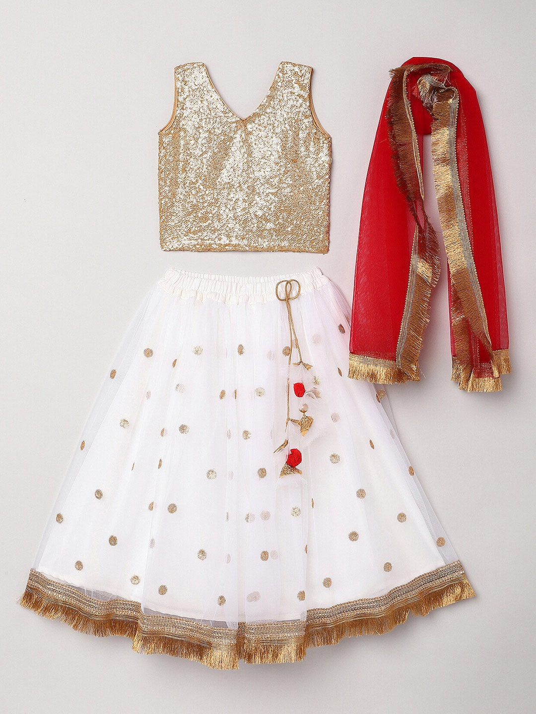 

BYB PREMIUM Girls White & Gold-Toned Embellished Sequinned Ready to Wear Lehenga Set