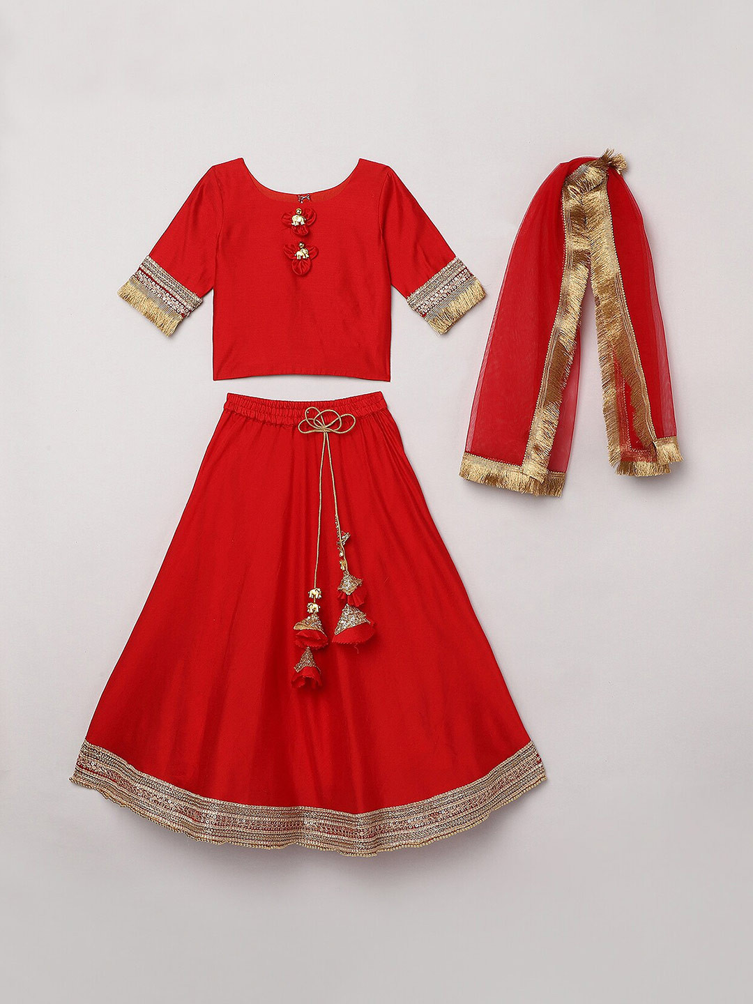 

BYB PREMIUM Girls Red & Gold-Toned Sequinned Ready to Wear Lehenga & Blouse With Dupatta