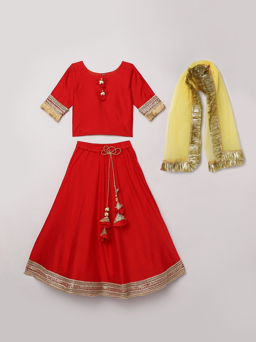 

BYB PREMIUM Girls Red & Yellow Sequinned Ready to Wear Lehenga & Blouse With Dupatta