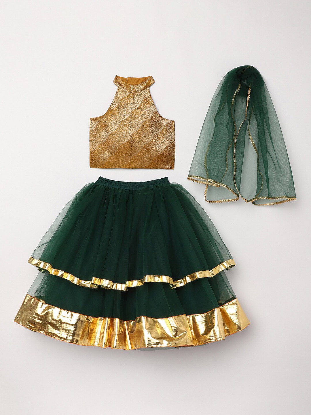

BYB PREMIUM Girls Green & Gold-Toned Printed Patchwork Ready to Wear Lehenga Set