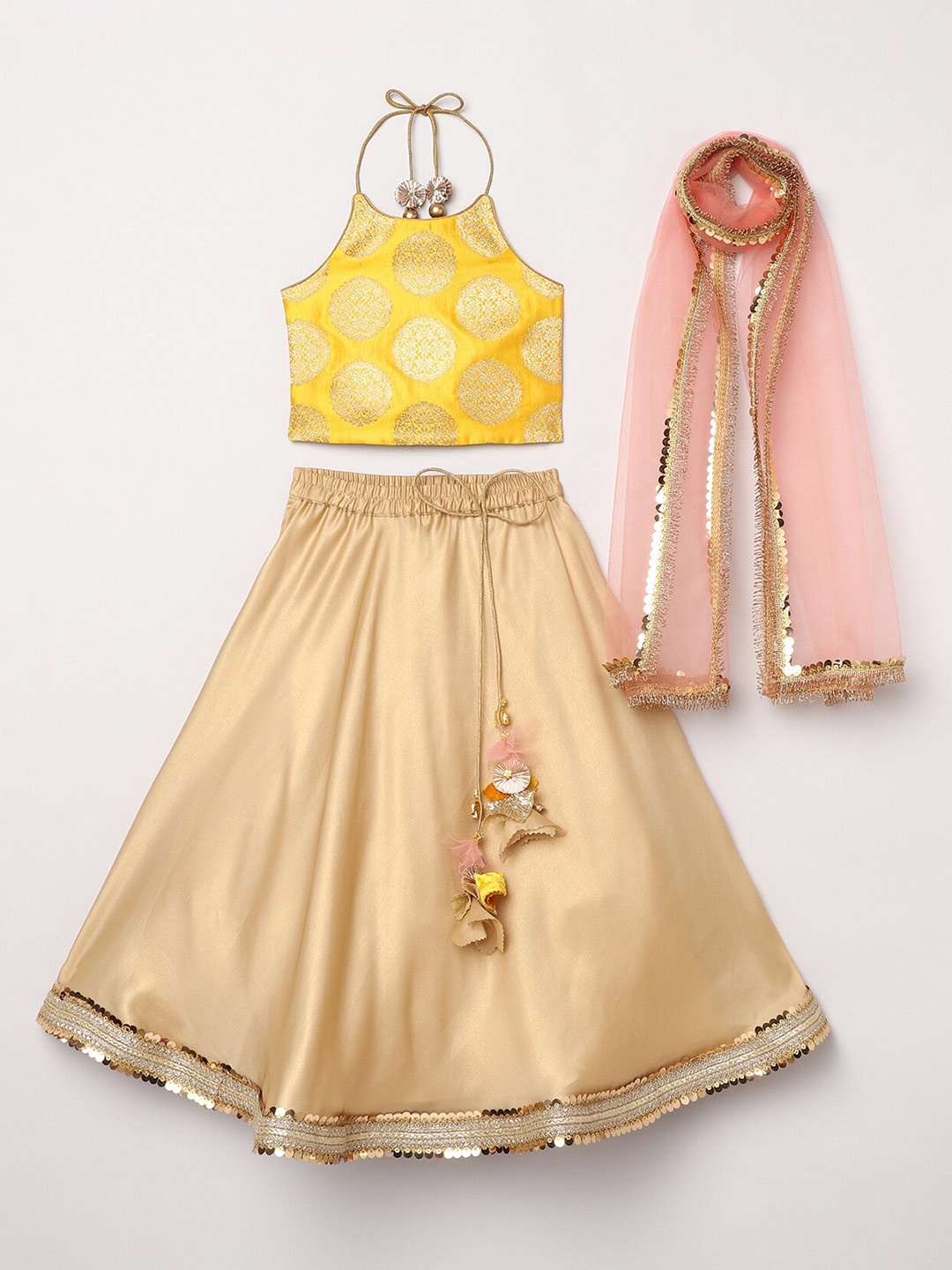 

BYB PREMIUM Girls Gold-Toned & Pink Ready to Wear Lehenga & Blouse With Dupatta