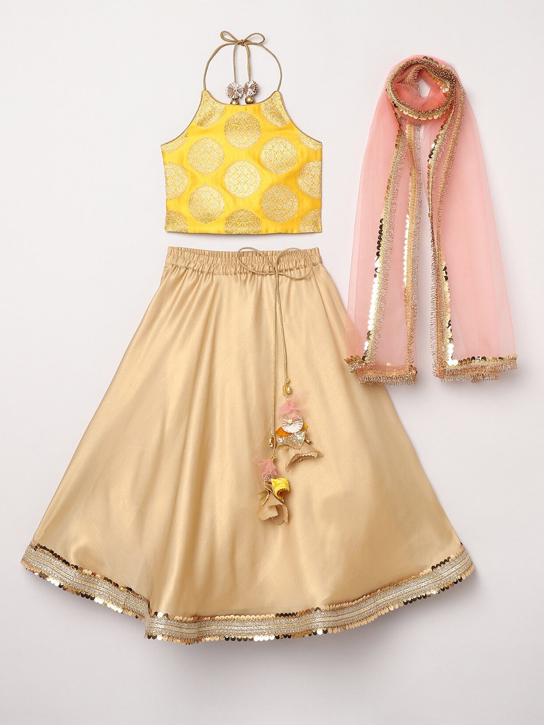 

BYB PREMIUM Girls Gold-Toned & Pink Ready to Wear Lehenga & Blouse With Dupatta
