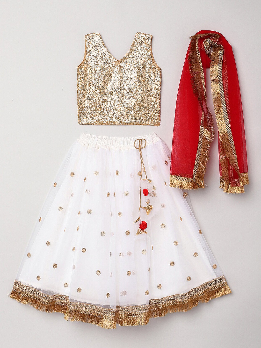 

BYB PREMIUM Girls White & Gold-Toned Embellished Sequinned Ready to Wear Lehenga Set