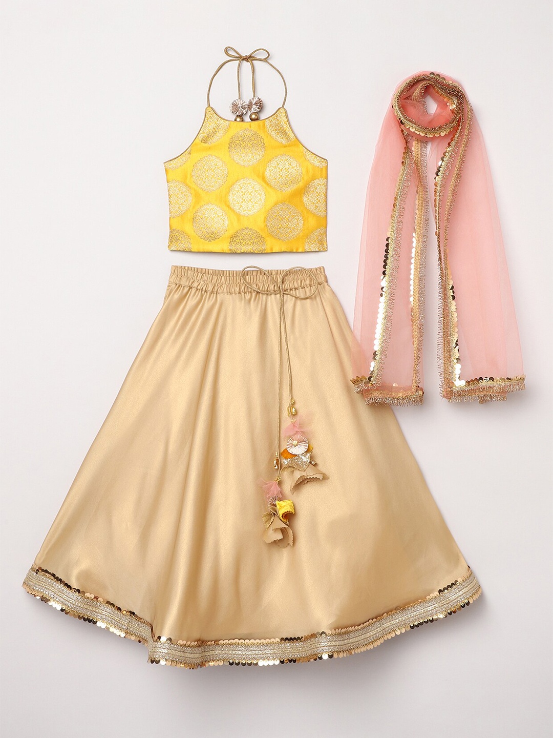 

BYB PREMIUM Girls Gold-Toned & Pink Ready to Wear Lehenga & Blouse With Dupatta