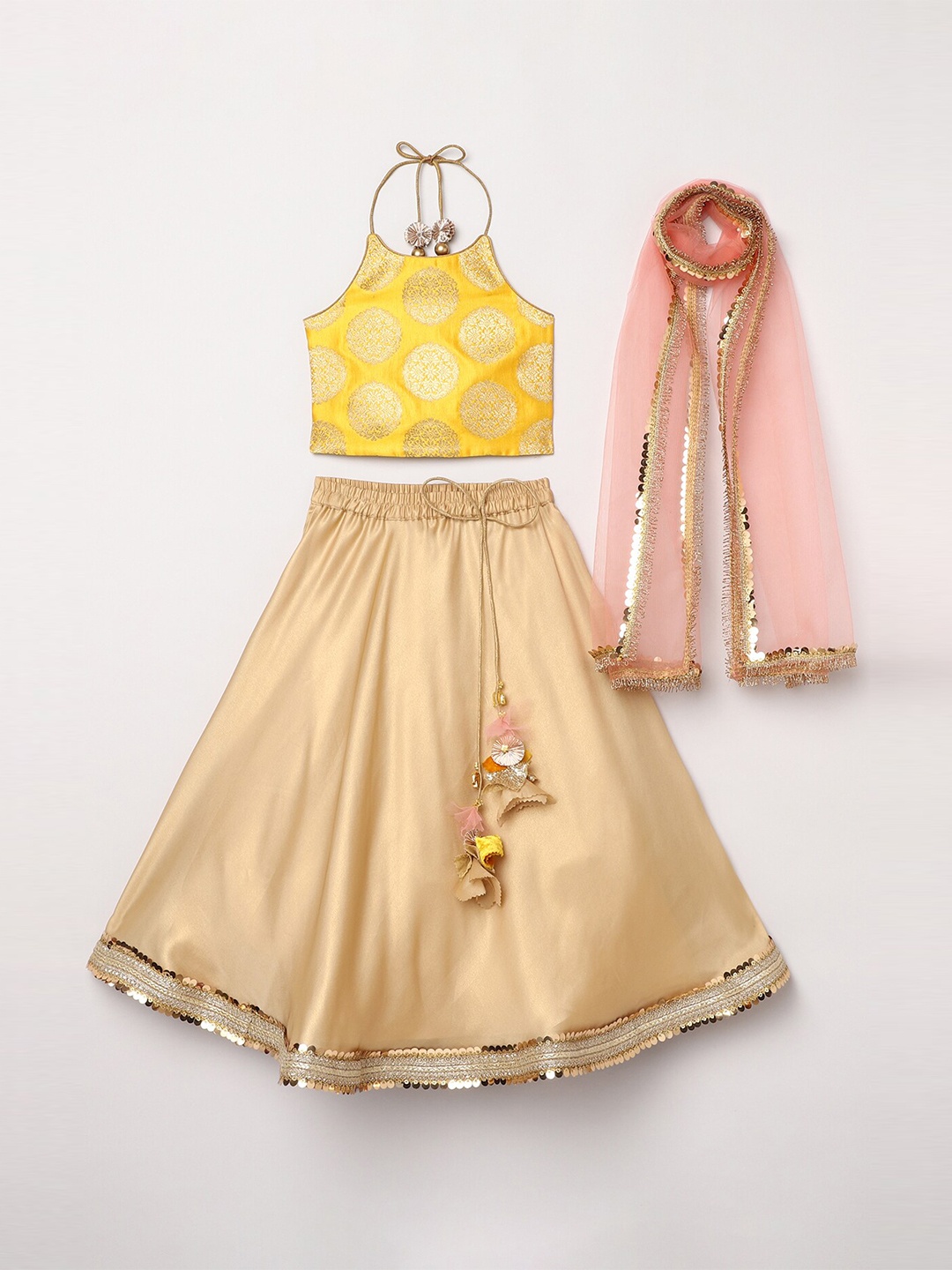 

BYB PREMIUM Girls Gold-Toned & Pink Ready to Wear Lehenga & Blouse With Dupatta