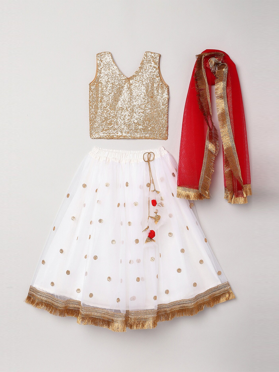 

BYB PREMIUM Girls White & Red Embellished Sequinned Ready to Wear Lehenga Set