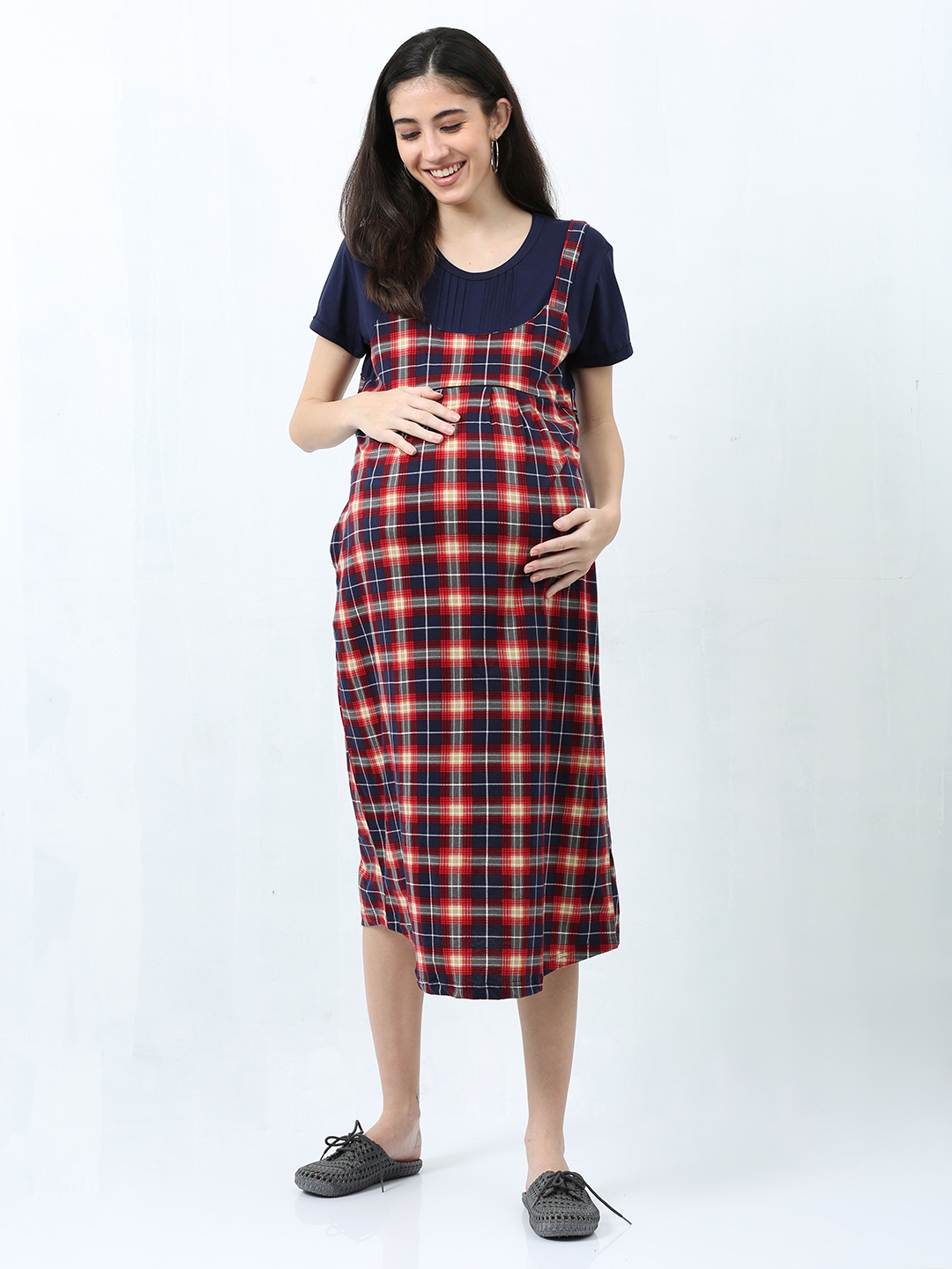 

9shines Label Women Checked Hosiery Cotton Maternity Nightdress, Red