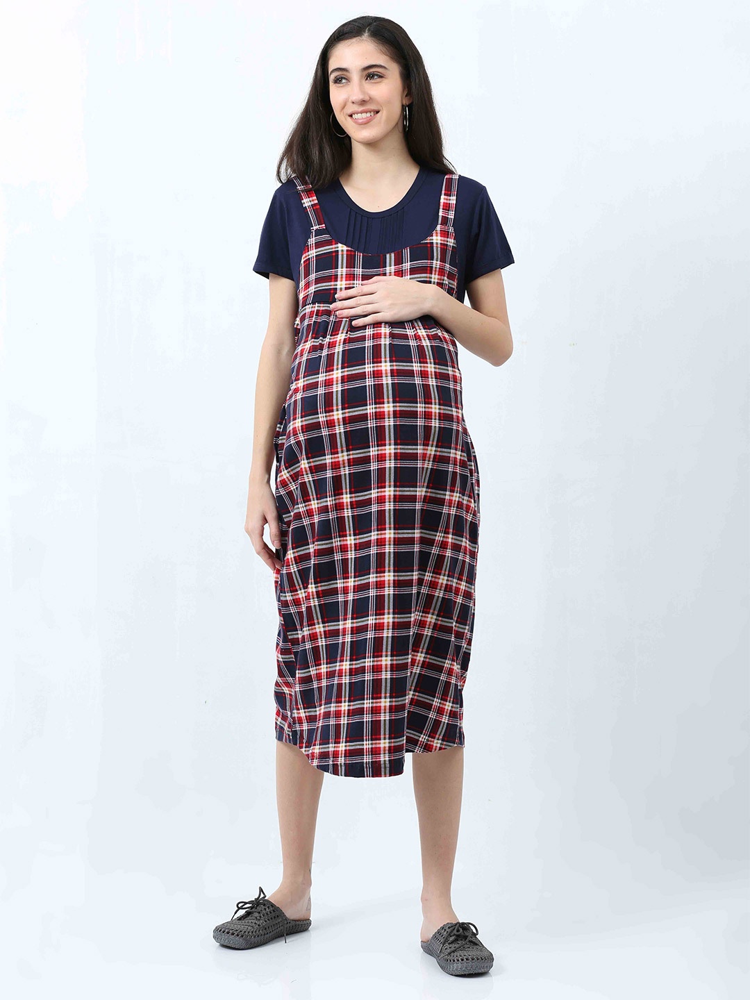 

9shines Label Women Checked Hosiery Cotton Maternity Nightdress, Red