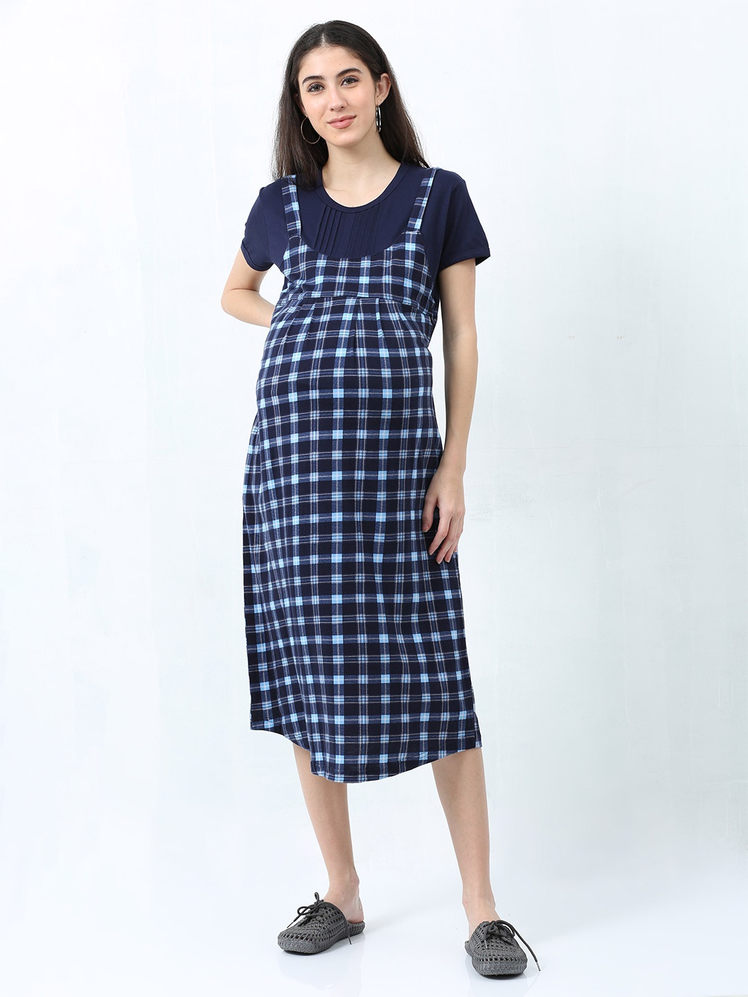 

9shines Label Women Checked Hosiery Cotton Maternity Nightdress, Blue