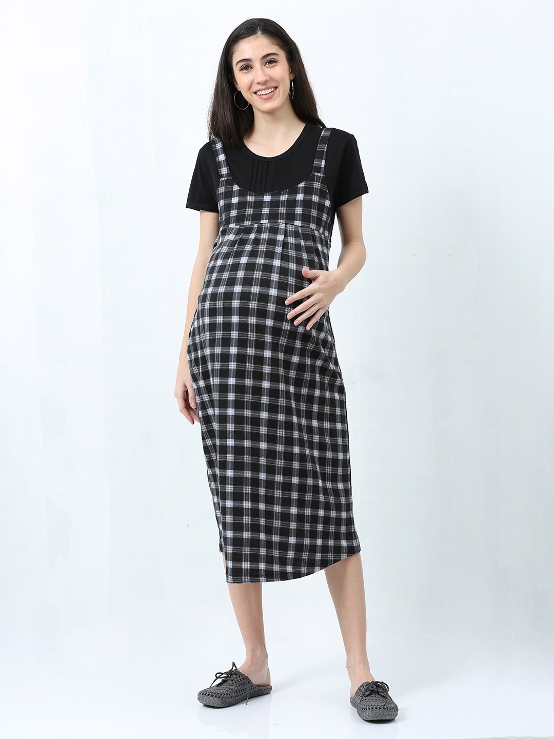 

9shines Label Women Checked Hosiery Cotton Maternity Nightdress, Black